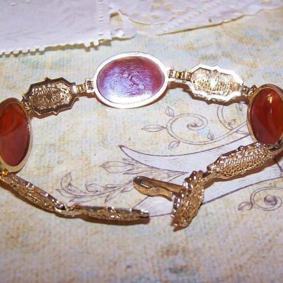 Art Deco 14K Gold Carved Carnelian Flower Filigree Link Bracelet - 7" Long - Picture 6 of 8
